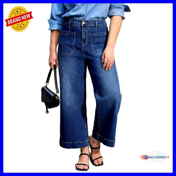 Denim - Plus Size High Waisted Wide Leg Stretchy Denim Jeans with Pockets